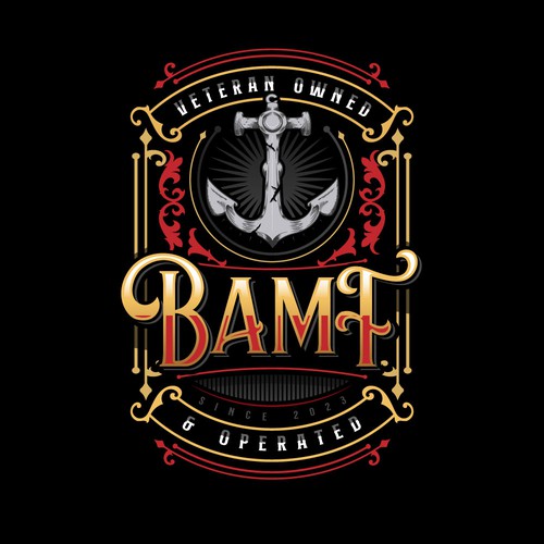 New gun store logo, scrollwork, gold, dapper, tattoo store, vintage look, colors are gold and red. Broken anchor is our  Design by AlarArtStudio™