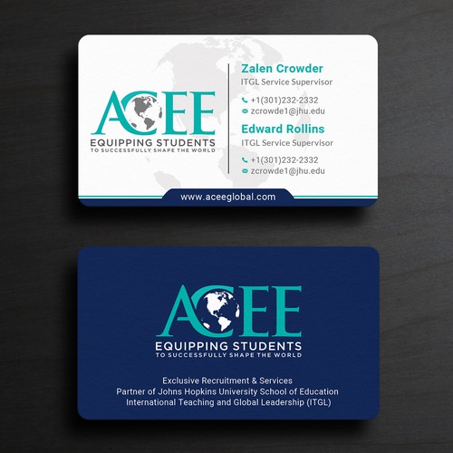 Diseño de ACEE's new business card to show the partnership with JHU ITGL program de Roni_