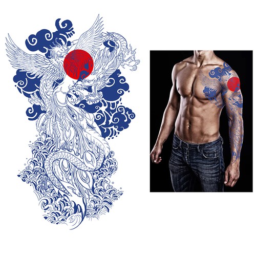 Tattoo Design: Full color Japanese style sleeve of Phoenix and Dragon Design by santa.mano