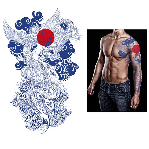 Tattoo Design: Full color Japanese style sleeve of Phoenix and Dragon Design by Santamano