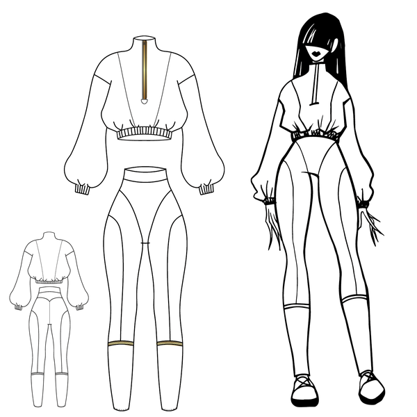 design development and drawing of a sports suit for women