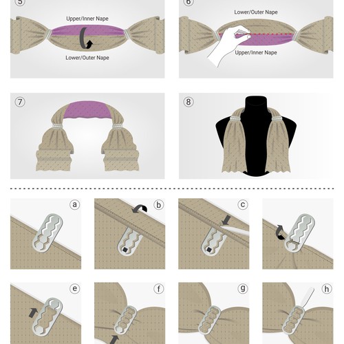 Design two similar infographics (for 2 web pages) for a new scarf shaping and securing tool. Design by kirana32