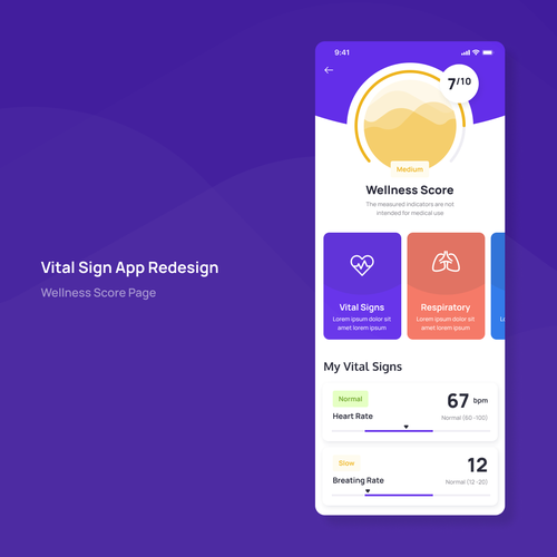 Wellness "vital signs" app - redesign Design by masiko