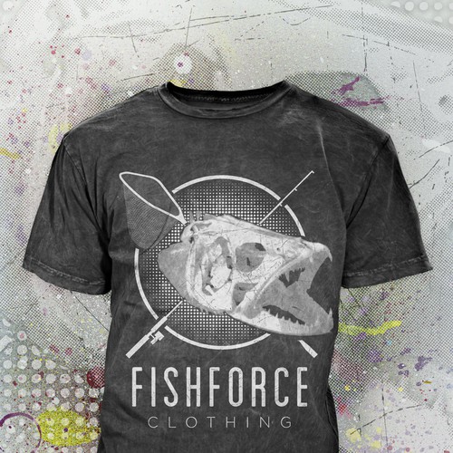 Design a fish-skull-t-shirt with crossed fishing rod and landing