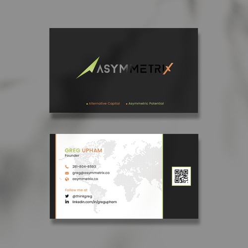 Design a cool, edgey but sophisticated business card for an alternative investment firm. Design von Saman Osama