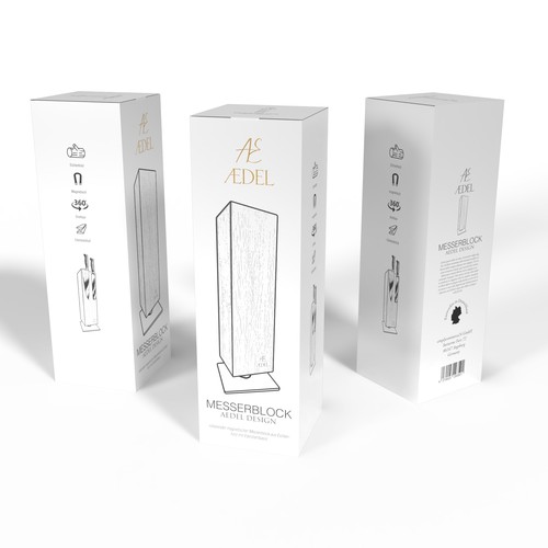 Design of an elegant product packaging for the first product of a new brand. Rotating knife block Design by Windmill Designer™