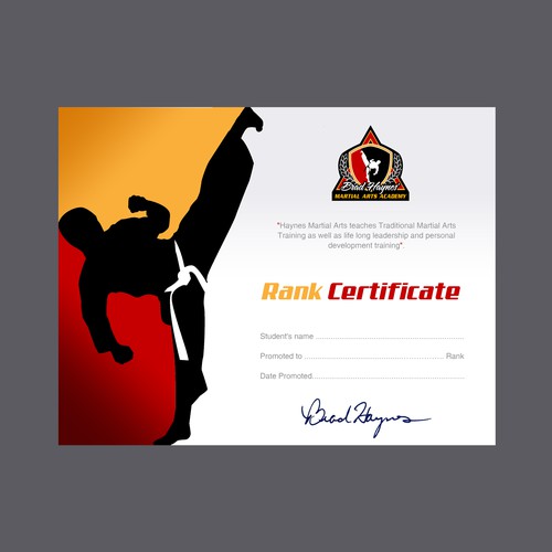 Design a beautiful rank certificate for haynes martial arts