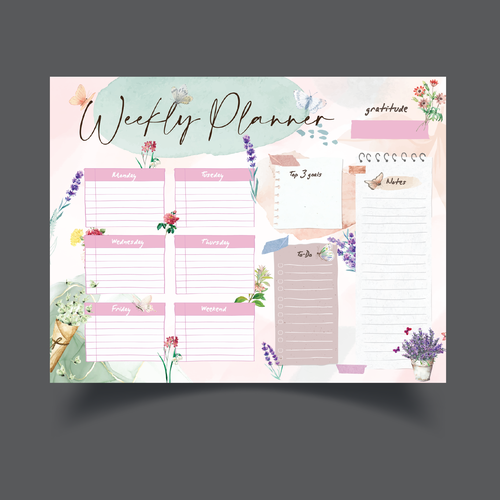 Design a weekly planner template with graphical elements. Design by ✒️ Maii.sh