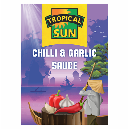 Tropical Sun Chilli & Garlic Sauce Label Digital Painting Design réalisé par azabumlirhaz