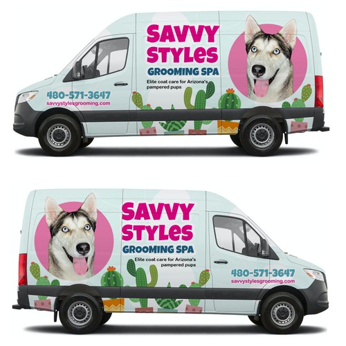 Classy and creative mobile grooming van wrap Design by anthronx