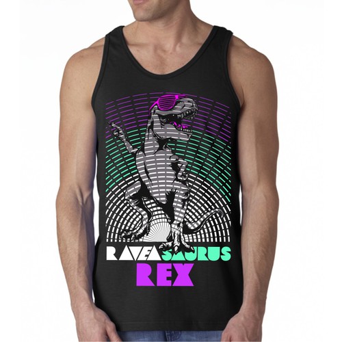 Create a Dancing Dinosaur Themed Tank Top "Raveasaurus Rex" Design by ABP78