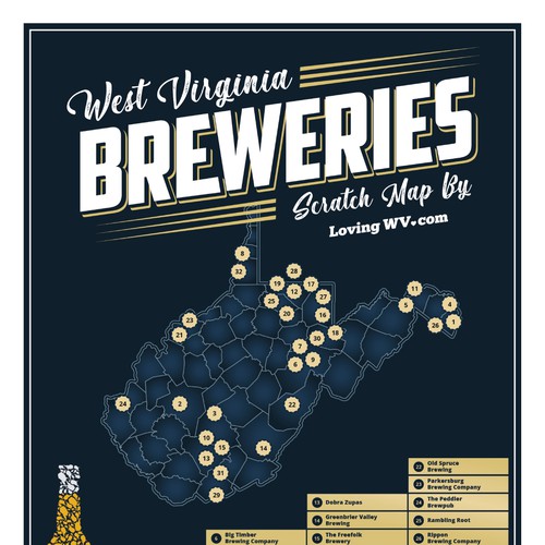 Localized Scratch Map Poster Featuring Breweries from West Virginia, USA Design by tomcept