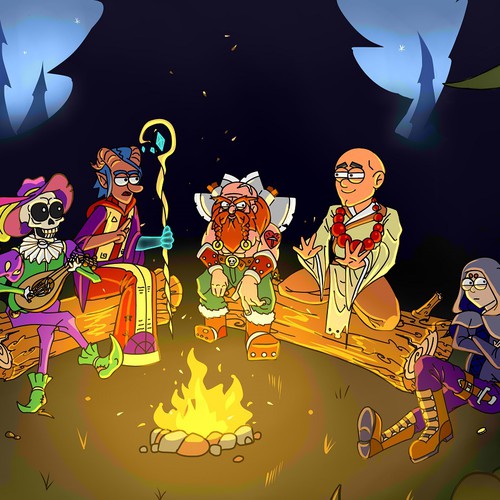 Cartoony illustration of Dungeons and Dragons group Design by MarvaKS