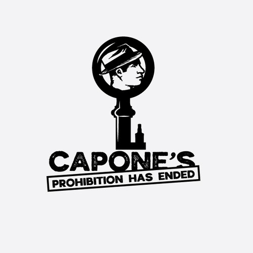 Design a prohibition style logo with a old key and al Capone face ( side view ) black and white Design by C1k