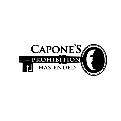 Design a prohibition style logo with a old key and al Capone face ( side view ) black and white Design by Ida11