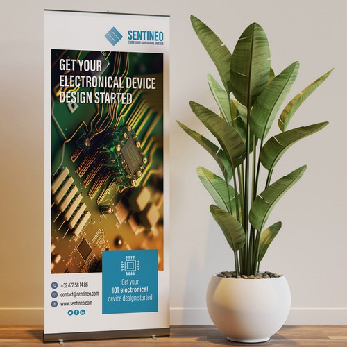 Design of a roll-up banner for a trade-fair introducing our Electronic Design Agency! Design by BrainStorm.