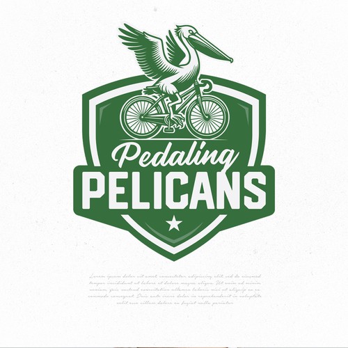 Pelican riding a bicycle logo for a charity bike ride team jersey Design by Sebastiano"
