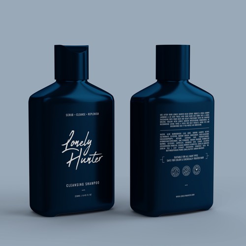 Minimalist shampoo bottle design for approachable male hair brand Design by CUPEDIUM