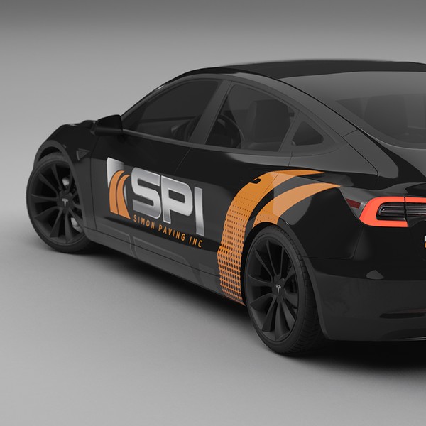 Design by Nadun Prabodana titled "Simon Paving Inc Tesla Model 3 Wrap"