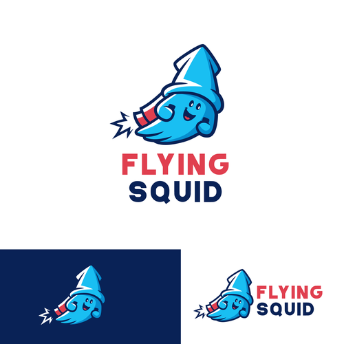 Logo of a squid wearing a jetpack for product named FlyingSquid Design by Rock N Draw