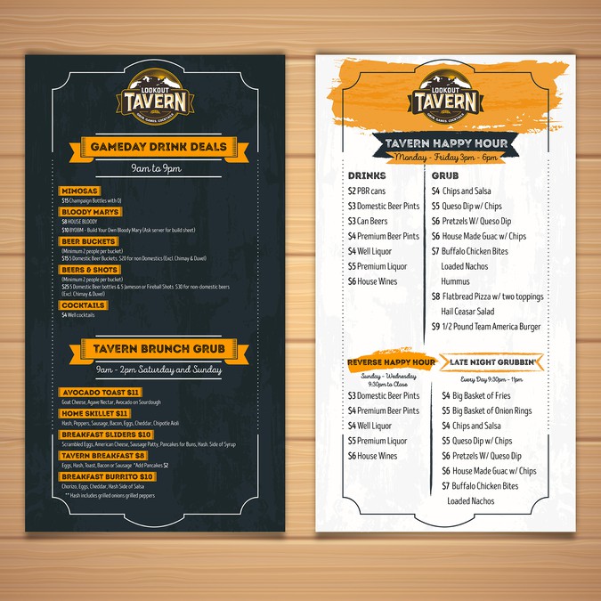 Brunch Happy  Hour  Menu  for upscale Tavern Menu  contest