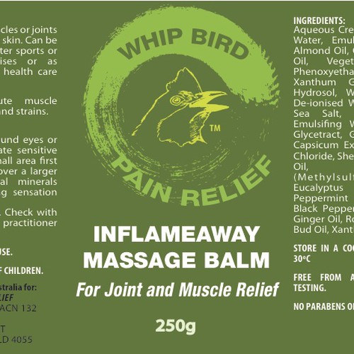 Create the next product label for Whipbird Pain Relief Pty Ltd Diseño de epokope