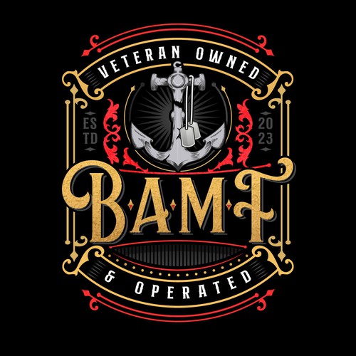 New gun store logo, scrollwork, gold, dapper, tattoo store, vintage look, colors are gold and red. Broken anchor is our  Design by AlarArtStudio™