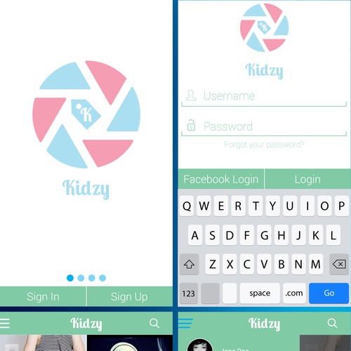 Mobile App Kidzy 2 simple screens + Logo. Design by Veljko Djokovic