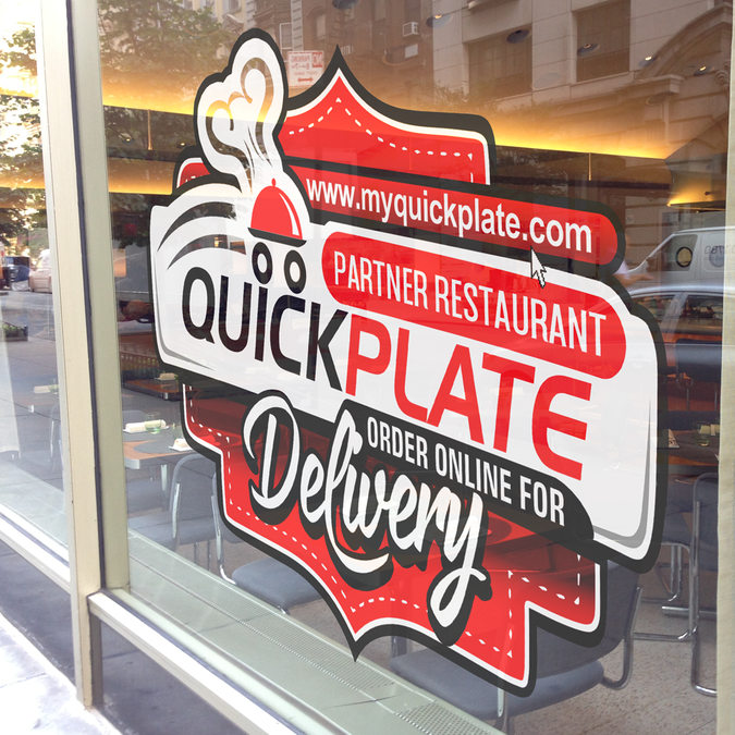 Create an eyecatching restaurant/window sticker for a food delivery