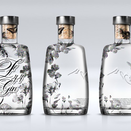 Gin Bottle & packaging design + merchandising Design by bcra