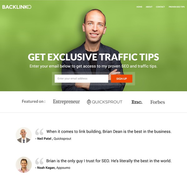 Create a high-quality homepage and about page for Backlinko