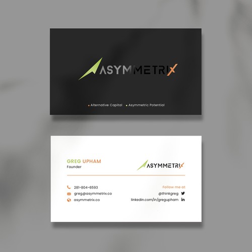 Design a cool, edgey but sophisticated business card for an alternative investment firm. Design von Saman Osama