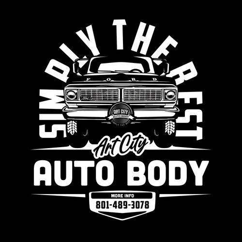 fun, hip, eye-catching T shirt for an AUTO BODY SHOP Design by G 3