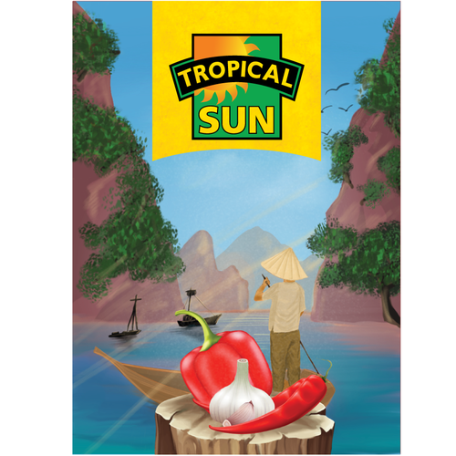 Tropical Sun Chilli & Garlic Sauce Label Digital Painting Diseño de Kriio.designs