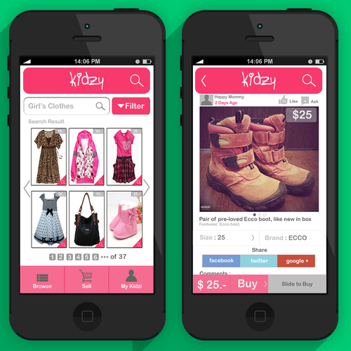 Mobile App Kidzy 2 simple screens + Logo. Design by Hakaba