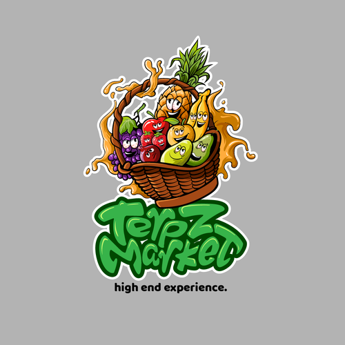 Design a fruit basket logo with faces on high terpene fruits for a cannabis company. Diseño de Antonius Agung