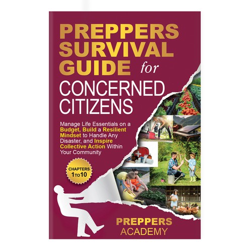 Unique book cover design for a preppers survival guide book that also conveys subject matter Design by Lizaa