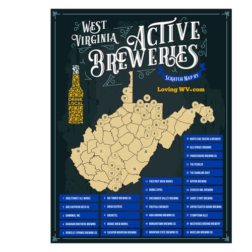 Localized Scratch Map Poster Featuring Breweries from West Virginia, USA Design by Windmill Designer™