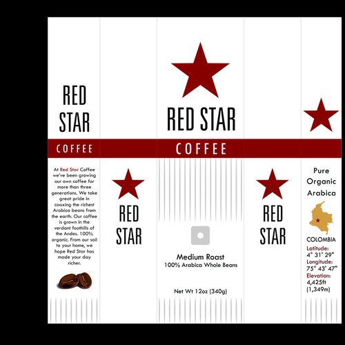 Create the next packaging or label design for Red Star Coffee Diseño de Design, Inc.