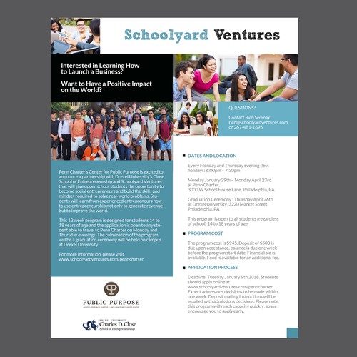 One page flyer for program that supports teen entrepreneurs Design by Marco Davelouis