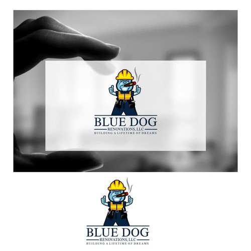 Design a company logo to reflect company name. A Blue Dog (Bulldog) With a hardhat, toolbelt w/cigar Design by SGrph