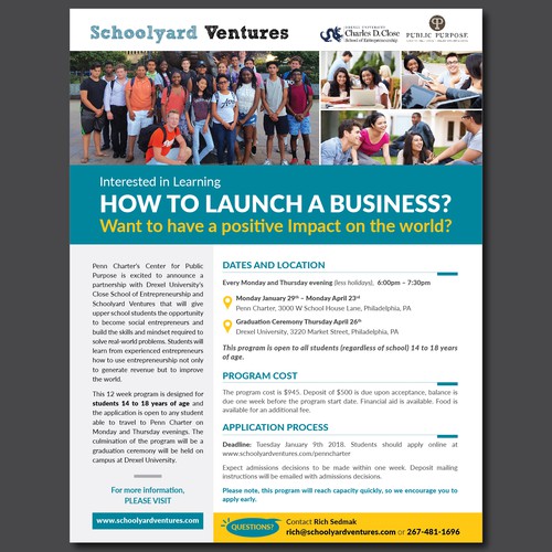 One page flyer for program that supports teen entrepreneurs Design by Alisia