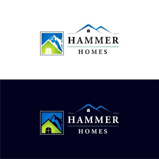 Hammer Homes needs a black font wordmark logo navy blue and green H