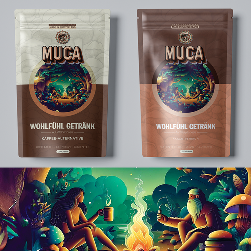 Verpackungsdesign für innovative Kaffee-Alternative und gesunden Kakao-Drink auf Vitalpilz-Basis