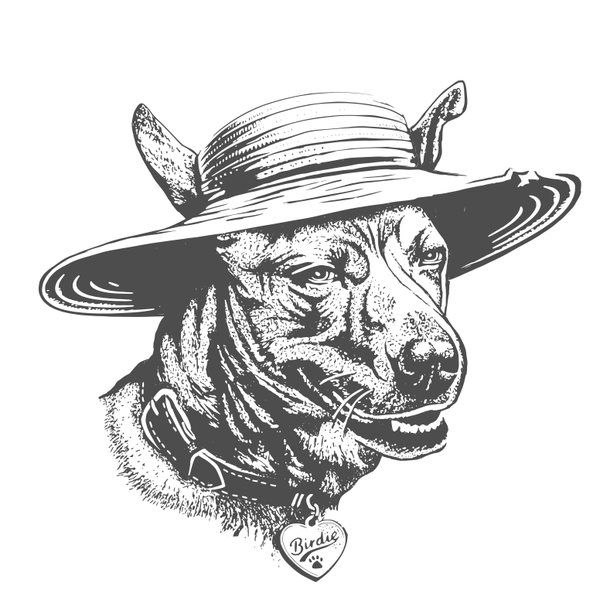 Design by sculptor titled "Dog in a gardening hat."