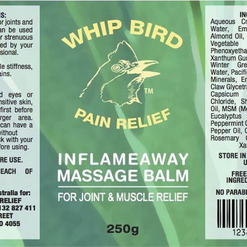 Create the next product label for Whipbird Pain Relief Pty Ltd Réalisé par epokope