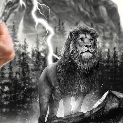 Mountain, lion and a lightning tattoo (right-side shoulder to arm) Design by vega bayu