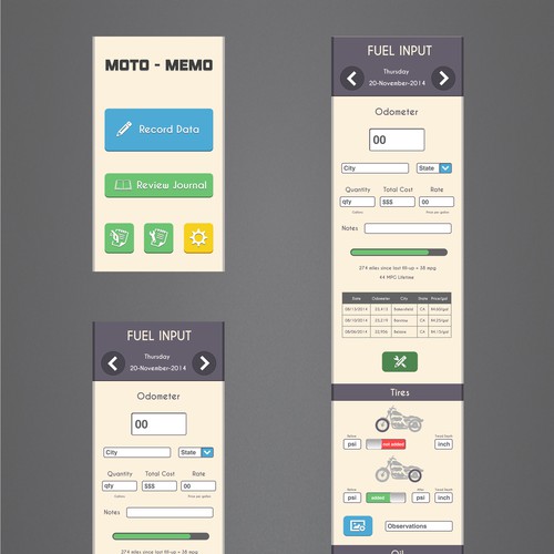 Design the first 3 screens of a new motorcycle note taking app! Design by Vladimir Corelj