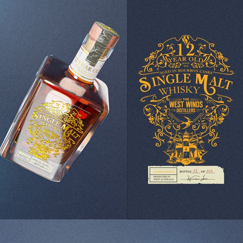 Premium Bottle Label for 12 Year Old Single Malt Bourbon Cask Whisky Design by Antidotooo™