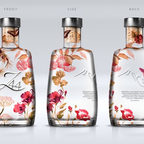 Gin Bottle & packaging design + merchandising Design by bcra